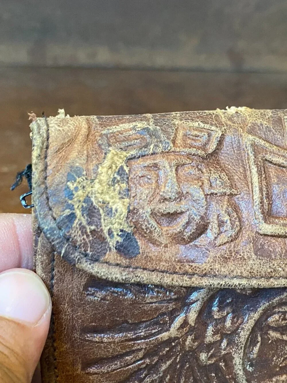 50s 60s Handmade Mexican Wallet Brown Leather Tooled Aztec Calendar Vintage